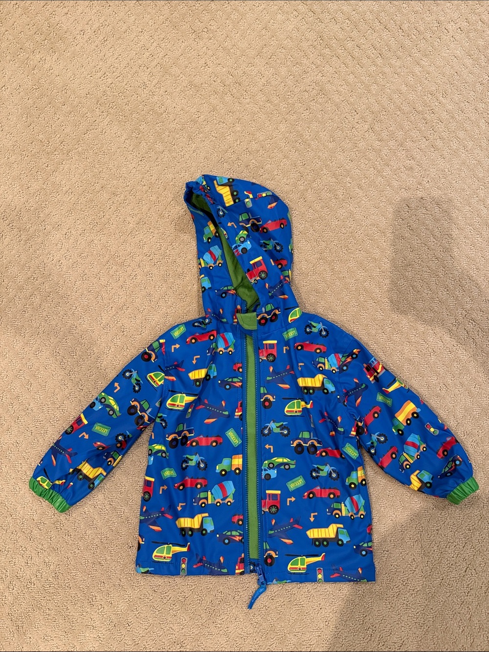 Stephen Joseph Kids Blue Hooded Raincoat with Vehicle Print | Size 3T